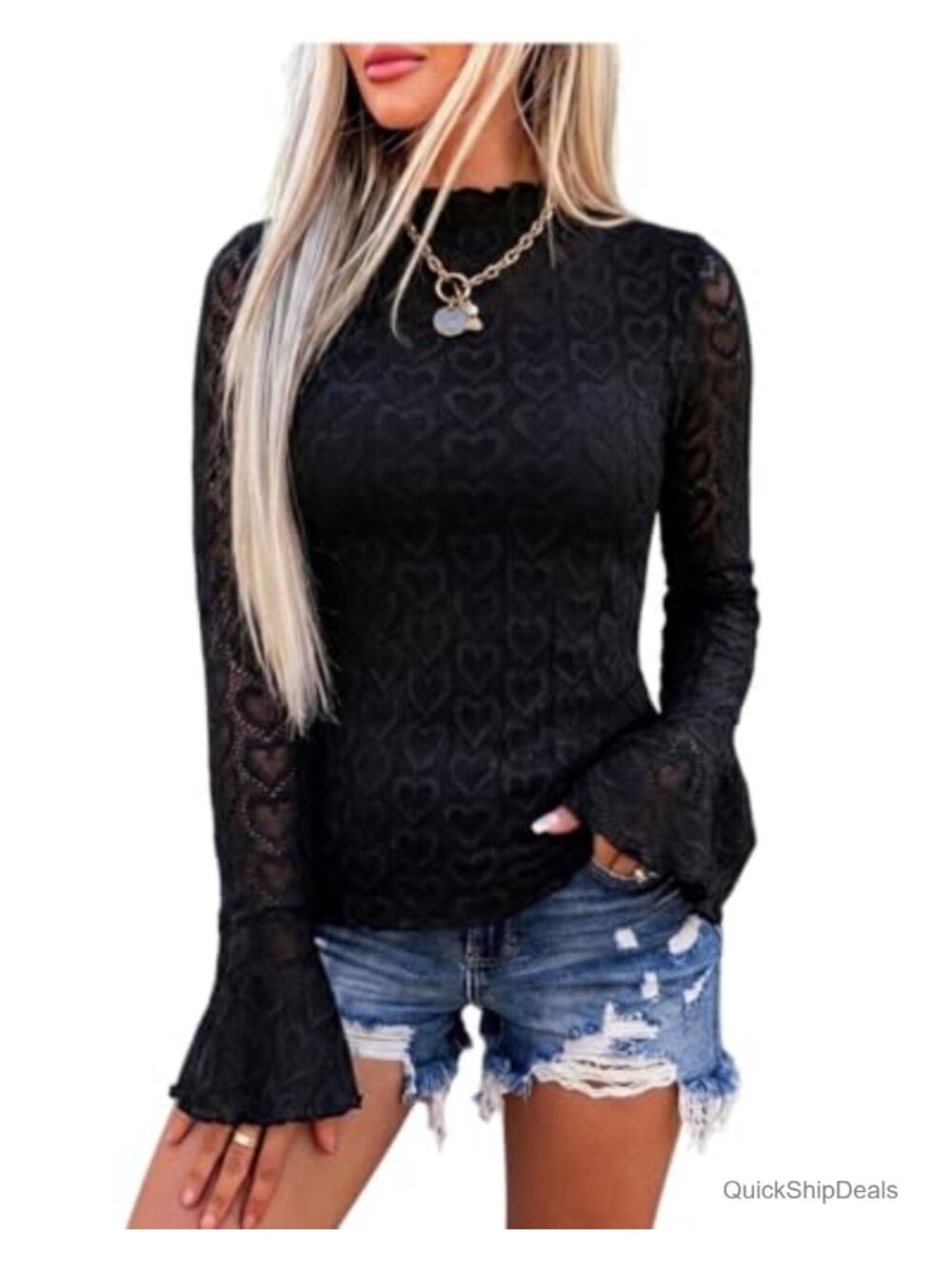 Mock Neck Bell Sleeve Blouse Pointelle Knit Sheer Top Women